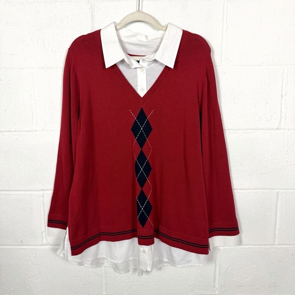 Tommy Hilfiger Pullover Twofer Sweater Size 1X Red Blue Argyle Preppy Office